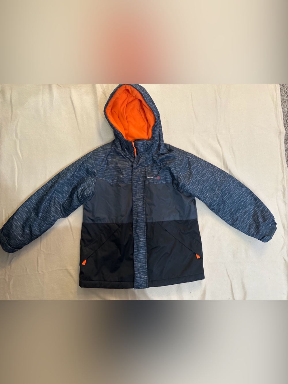 Swiss Tech Kids Hooded Puffer Jacket - Navy Blue with Orange Lining